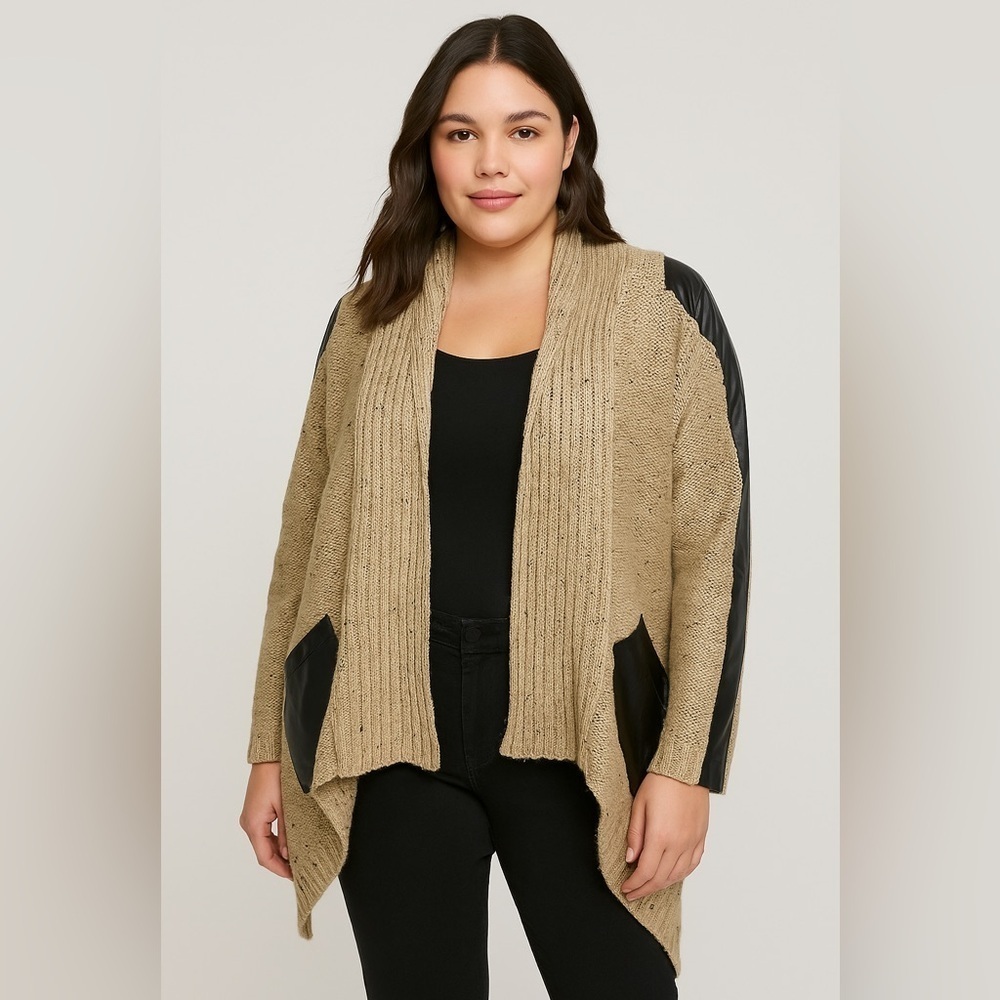 YAIRA Taupe Knit Open-Front Cardigan with Faux Leather Trim (Size L)